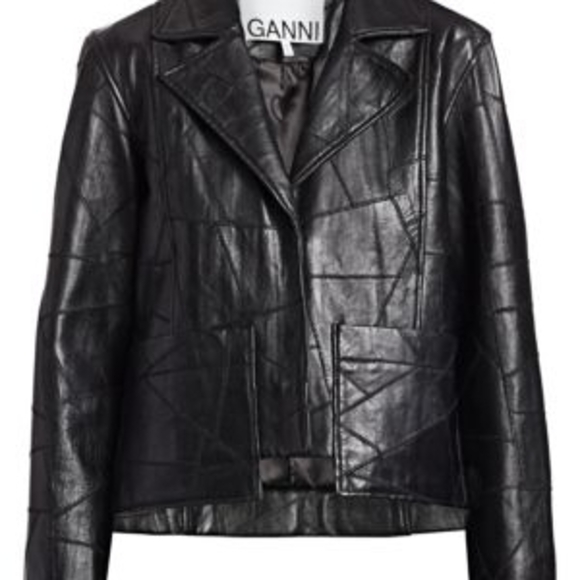 Ganni Patch Leather Jacket Sz 42/ US Sz 10 Black Snap Closure Front Pockets Nwot - Picture 3 of 7